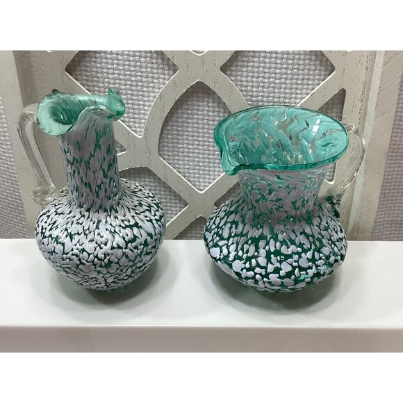Art Pilgrim Glass Vase & Mini Pitcher Pair Green White Speckled Clear Handle - Picture 1 of 10